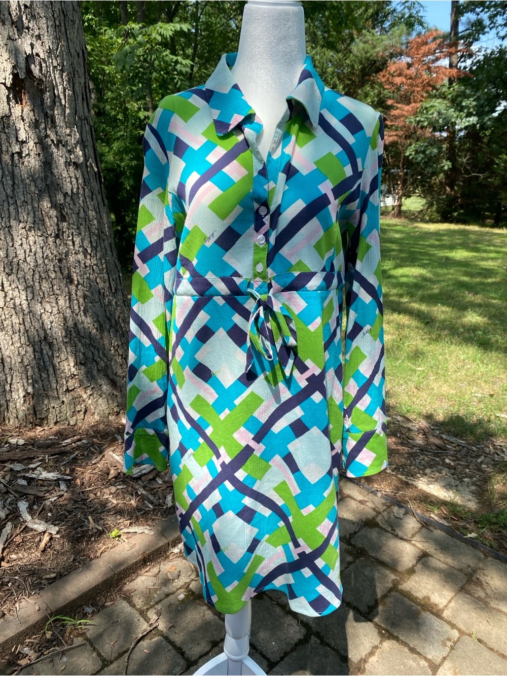 Lilly Pulitzer Turquoise, Navy & Lime Geometric Shirt Dress